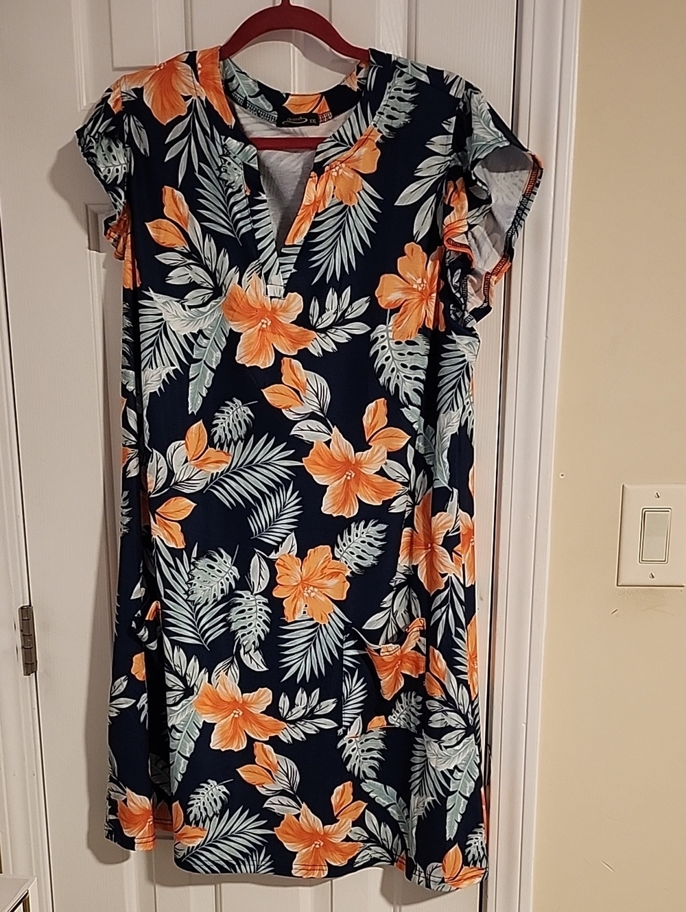 Navy Tropical Floral Shift Dress with Orange Flowers
